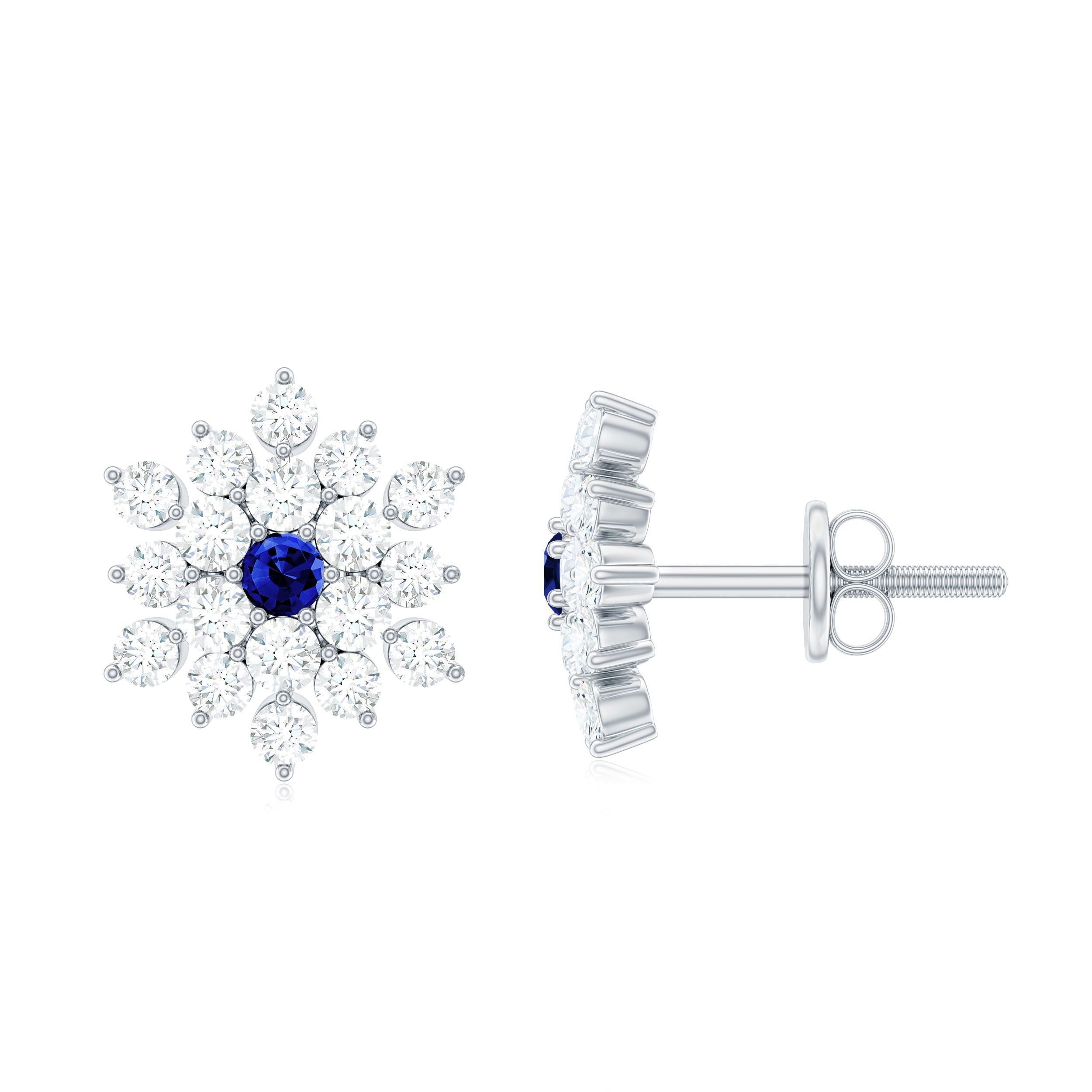 Created Blue Sapphire and Moissanite Silver Cluster Statement Stud Earrings Lab Created Blue Sapphire - ( AAAA ) - Quality 92.5 Sterling Silver - Rosec Jewels