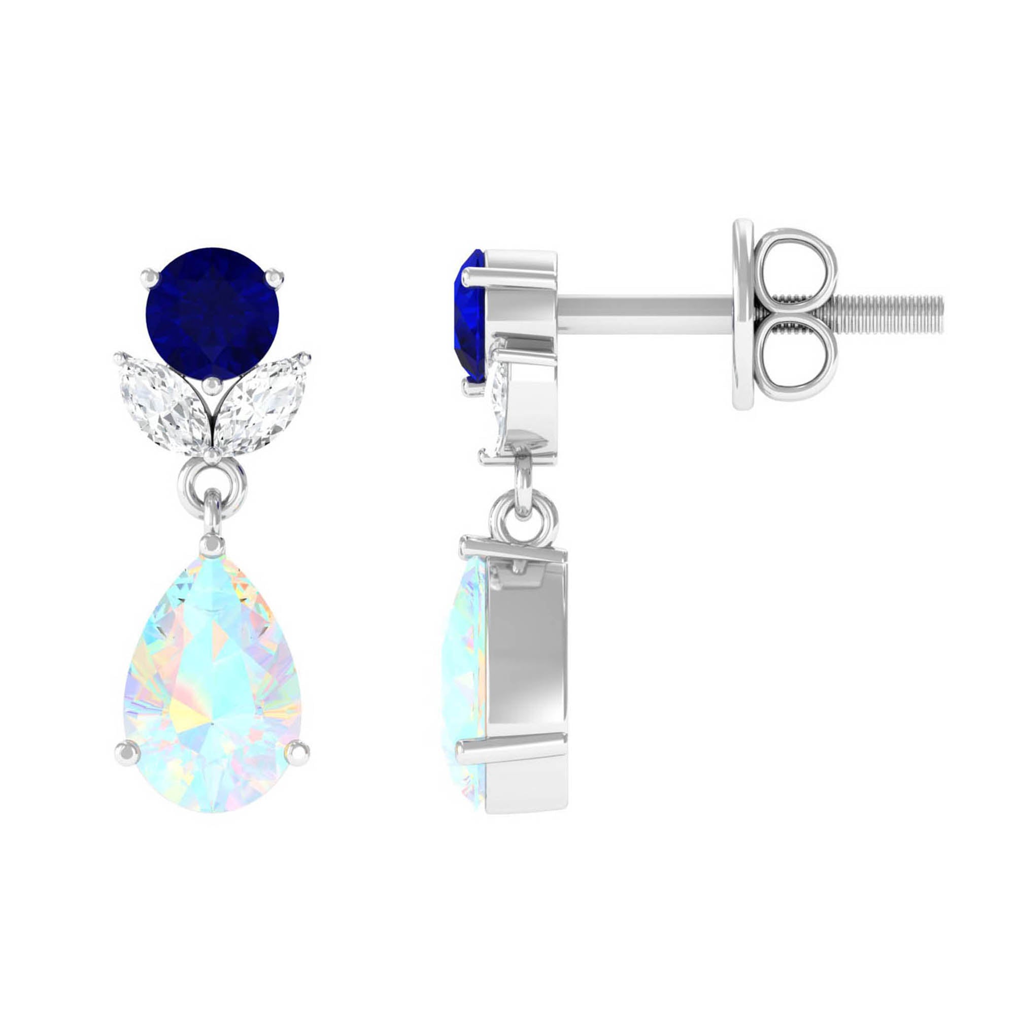 Ethiopian Opal and Created Blue Sapphire Silver Dangle Earrings with Moissanite Ethiopian Opal - ( AAA ) - Quality 92.5 Sterling Silver - Rosec Jewels