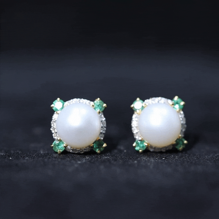 Freshwater Pearl Diamond Halo Stud Earrings with Created Emerald Freshwater Pearl - ( AAA ) - Quality - Rosec Jewels