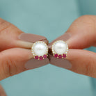 Freshwater Pearl and Ruby Stud Earrings with Diamond Halo Freshwater Pearl - ( AAA ) - Quality - Rosec Jewels