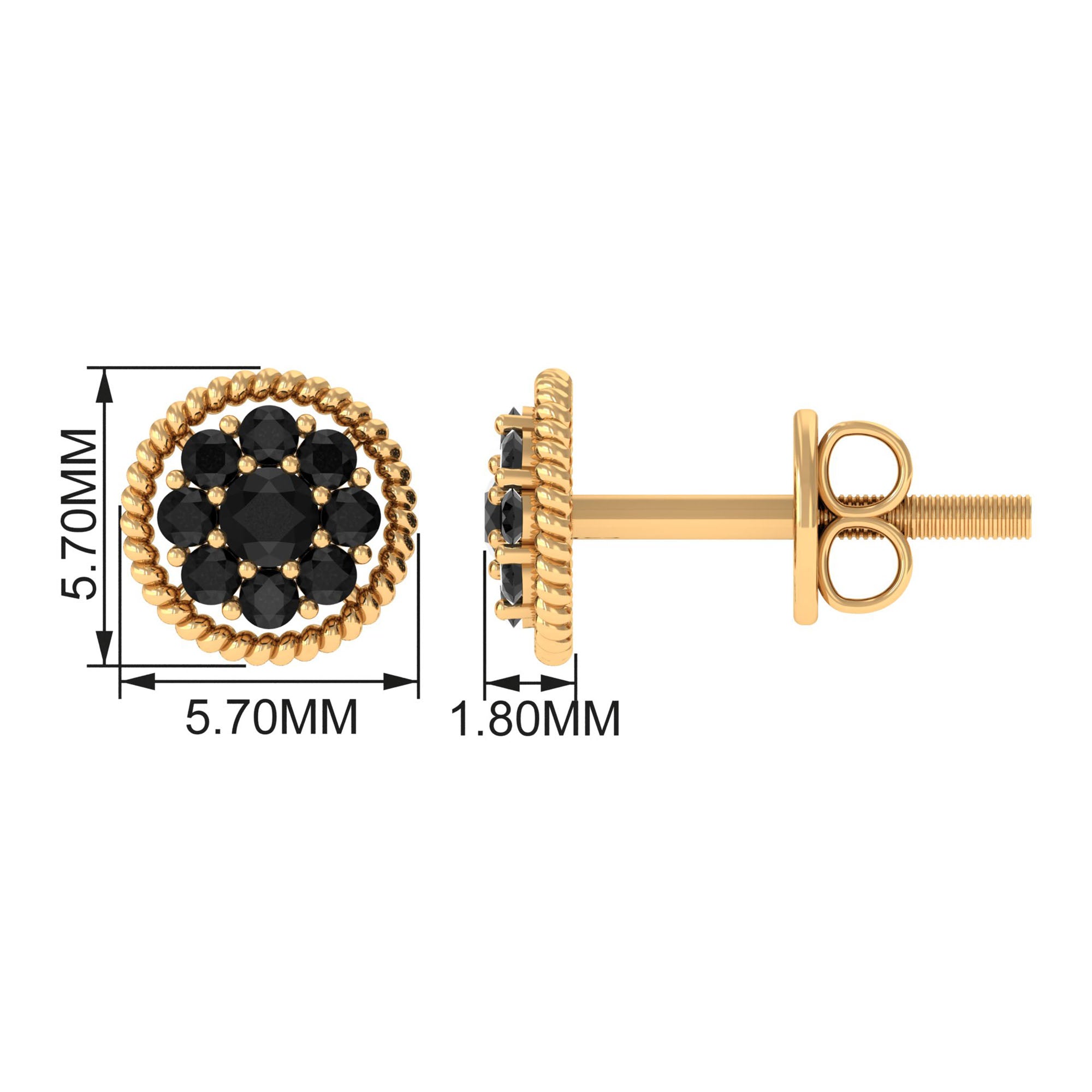 Twisted Rope Stud Earrings with Floral Black Spinel Black Spinel - ( AAA ) - Quality - Rosec Jewels