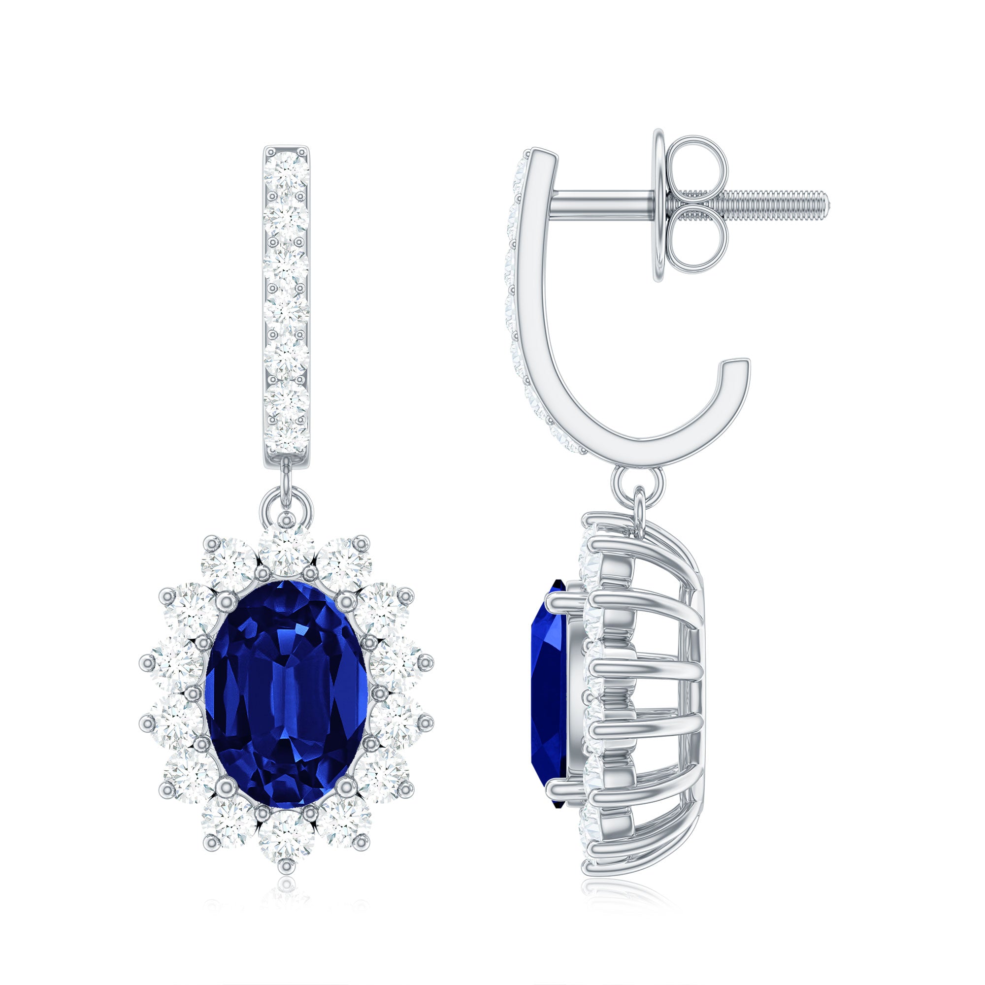 Oval Created Blue Sapphire Silver J Hoop Earrings with Moissanite Halo - Rosec Jewels