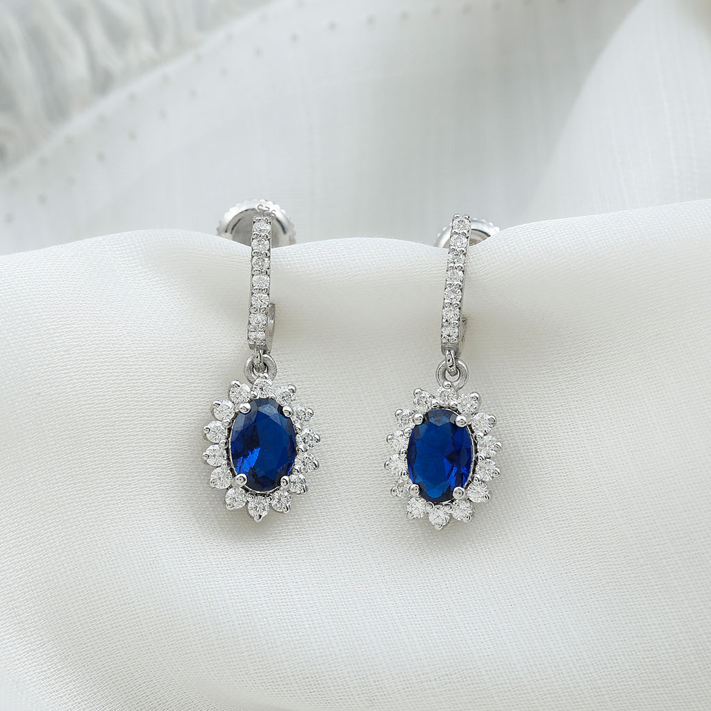 Oval Created Blue Sapphire J Hoop Earrings with Moissanite Halo Lab Created Blue Sapphire - ( AAAA ) - Quality - Rosec Jewels