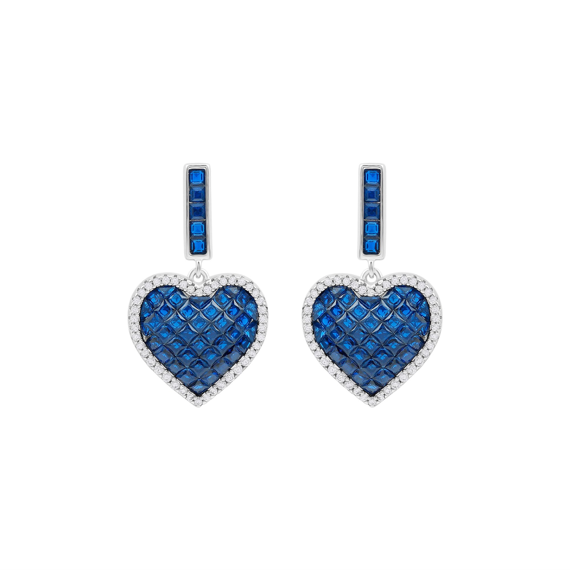 Created Blue Sapphire Heart Drop Earrings in Silver Lab Created Blue Sapphire - ( AAAA ) - Quality 92.5 Sterling Silver - Rosec Jewels