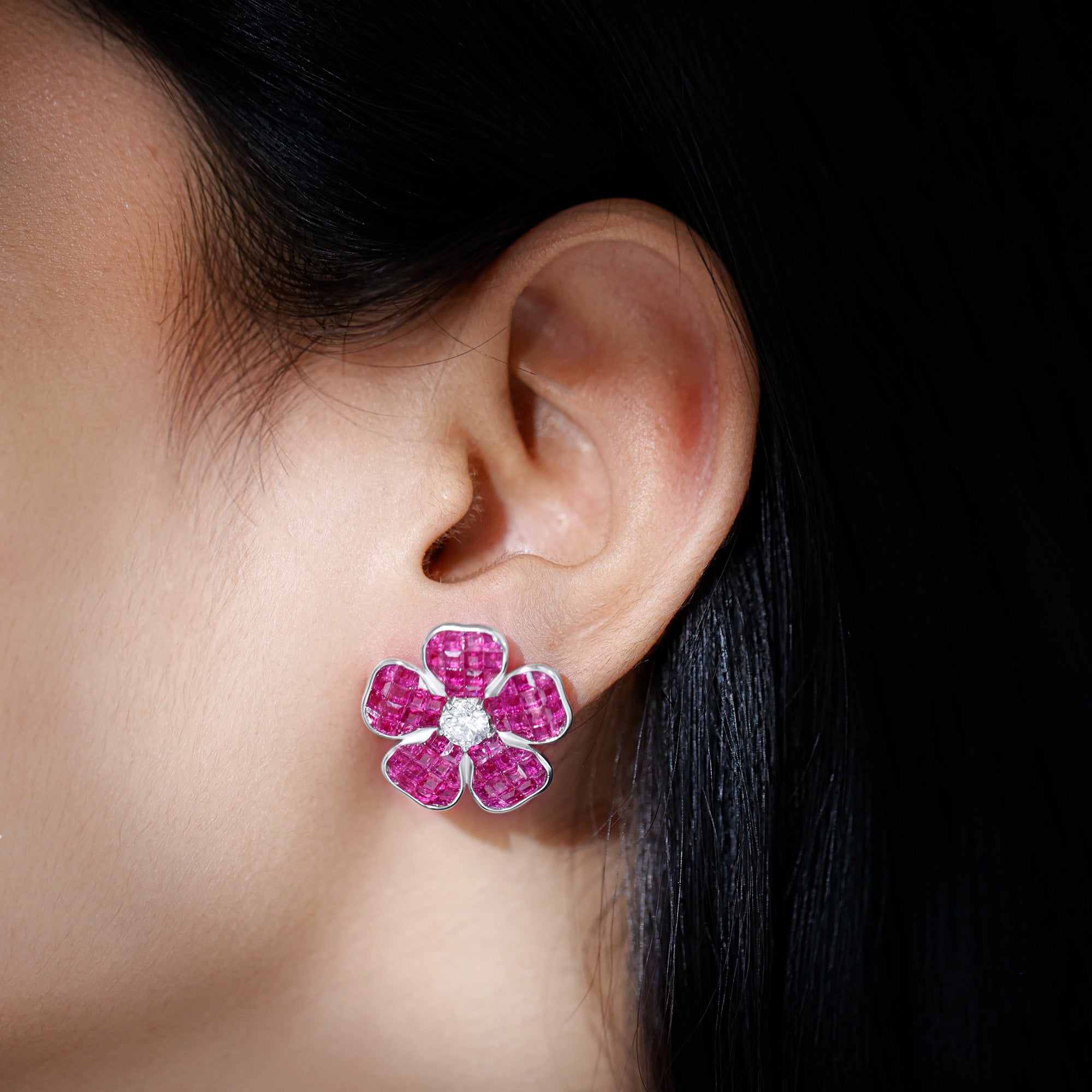 Floral Inspired Created Ruby Silver Statement Stud Earrings Lab Created Ruby - ( AAAA ) - Quality 92.5 Sterling Silver - Rosec Jewels