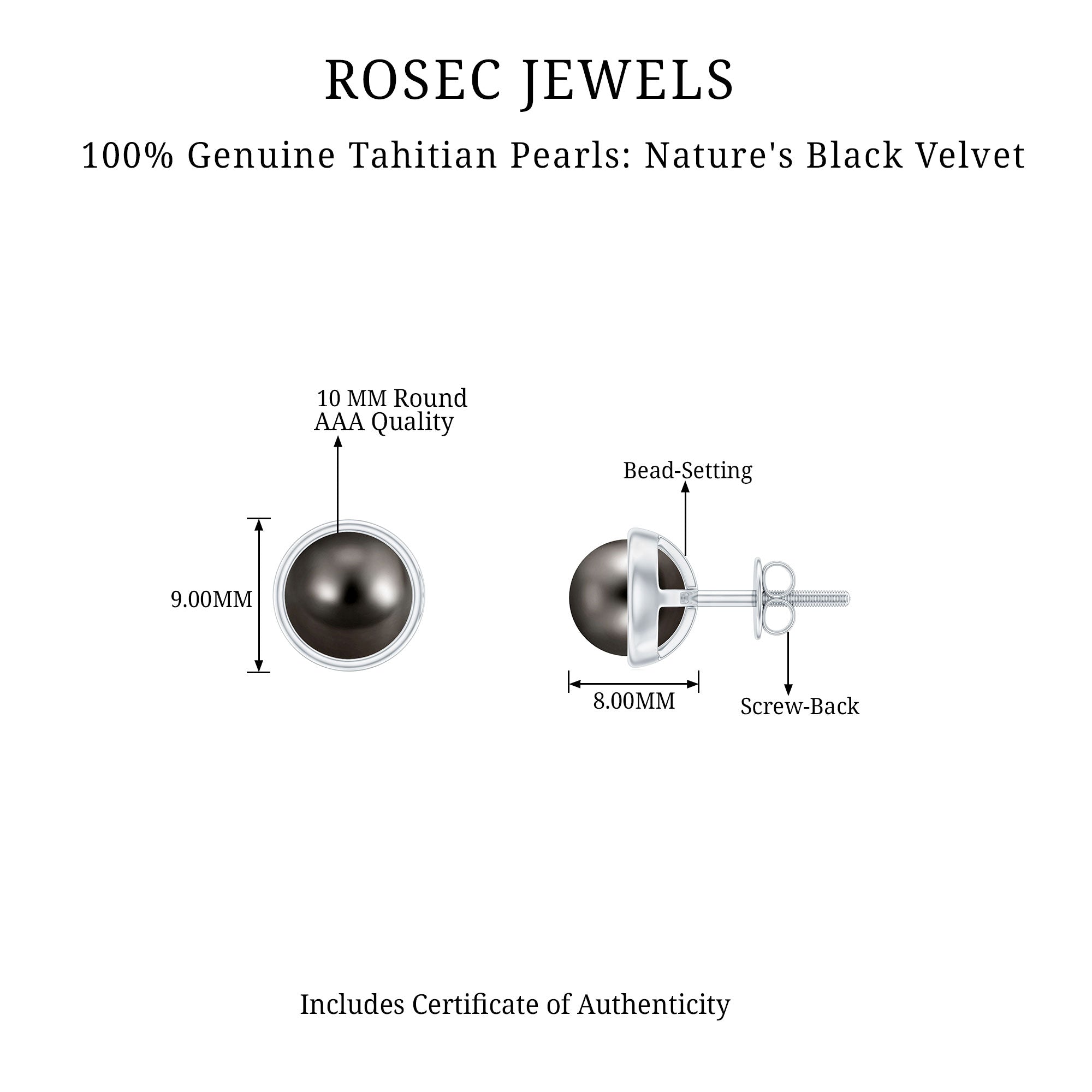 9 MM Round Cut Tahitian Pearl Solitaire Silver Stud Earring in Bezel Setting Tahitian pearl - ( AAA ) - Quality 92.5 Sterling Silver - Rosec Jewels