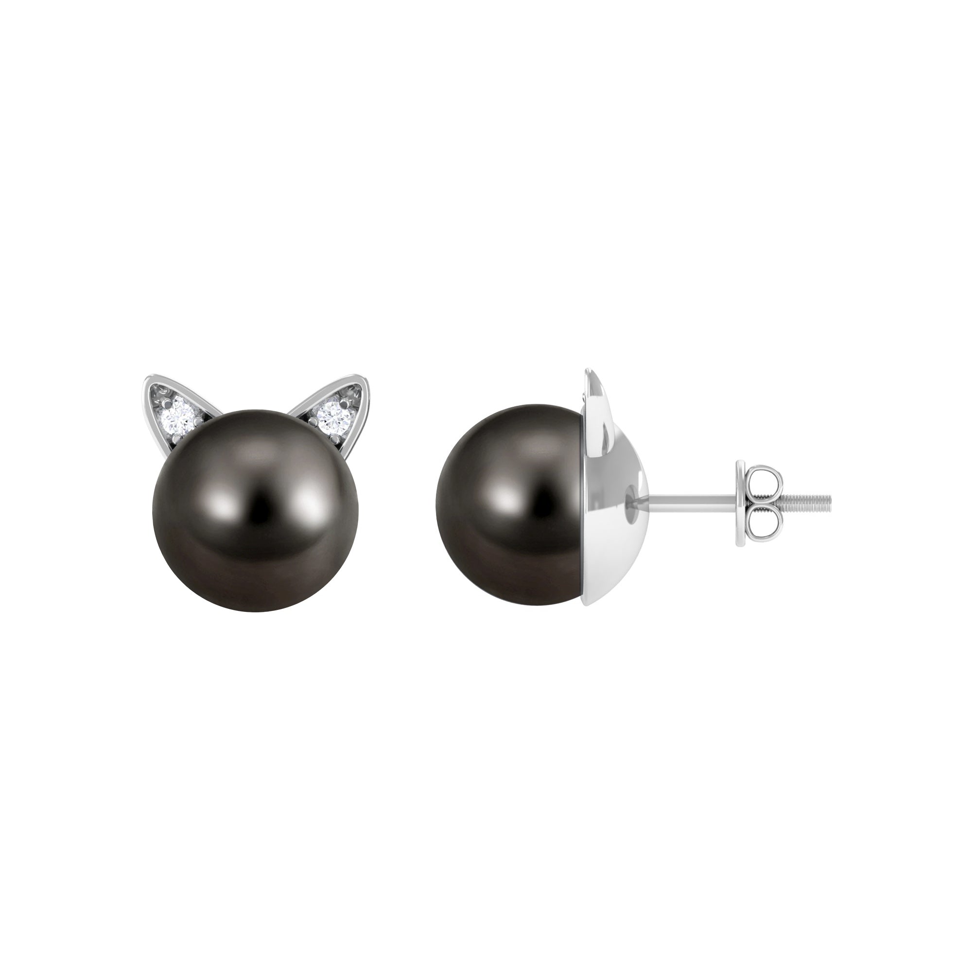 16.25 CT Solitaire Tahitian Pearl Cat Face Silver Stud Earring with Moissanite Tahitian pearl - ( AAA ) - Quality 92.5 Sterling Silver - Rosec Jewels