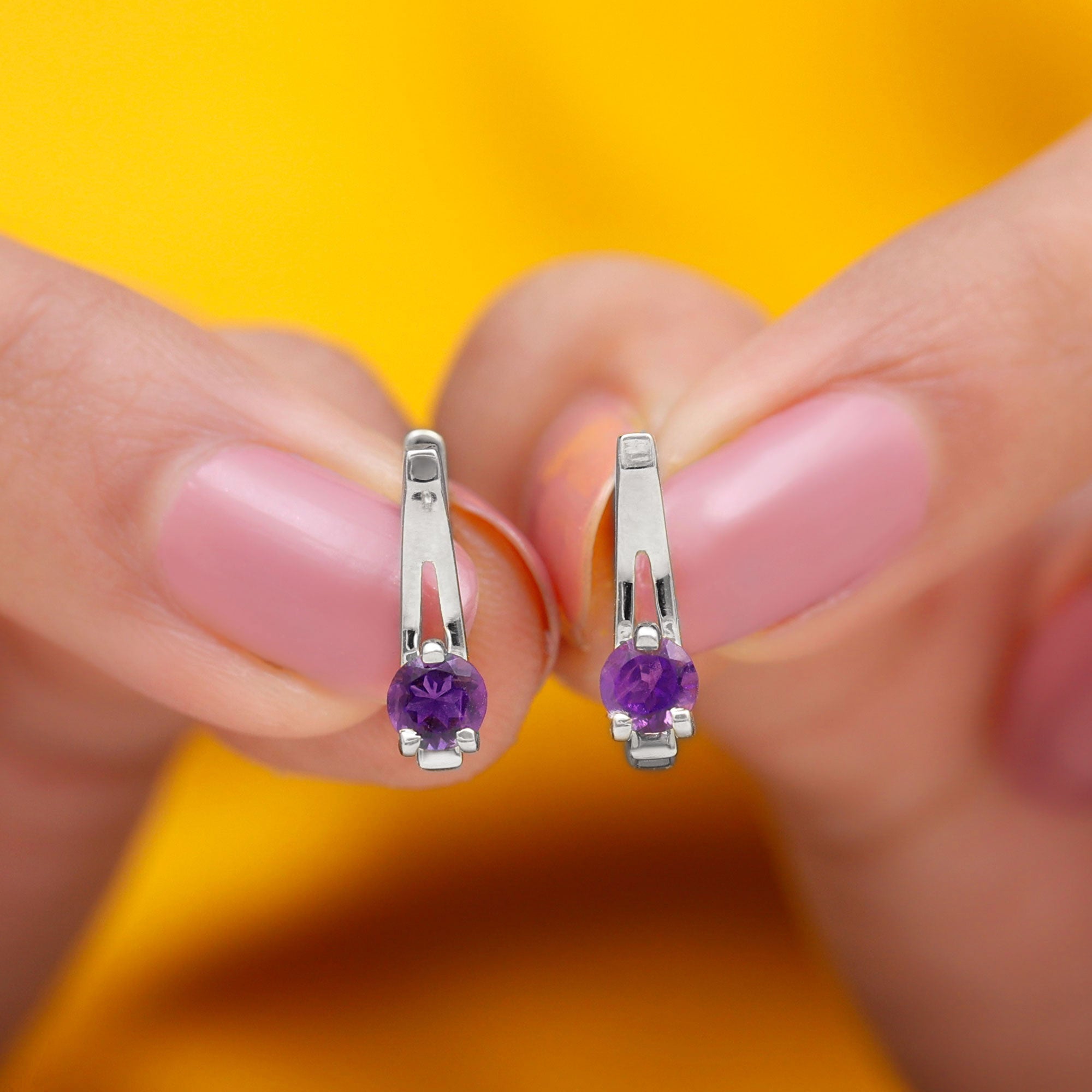 Real Amethyst Solitaire Lever Back Earrings Amethyst - ( AAA ) - Quality - Rosec Jewels