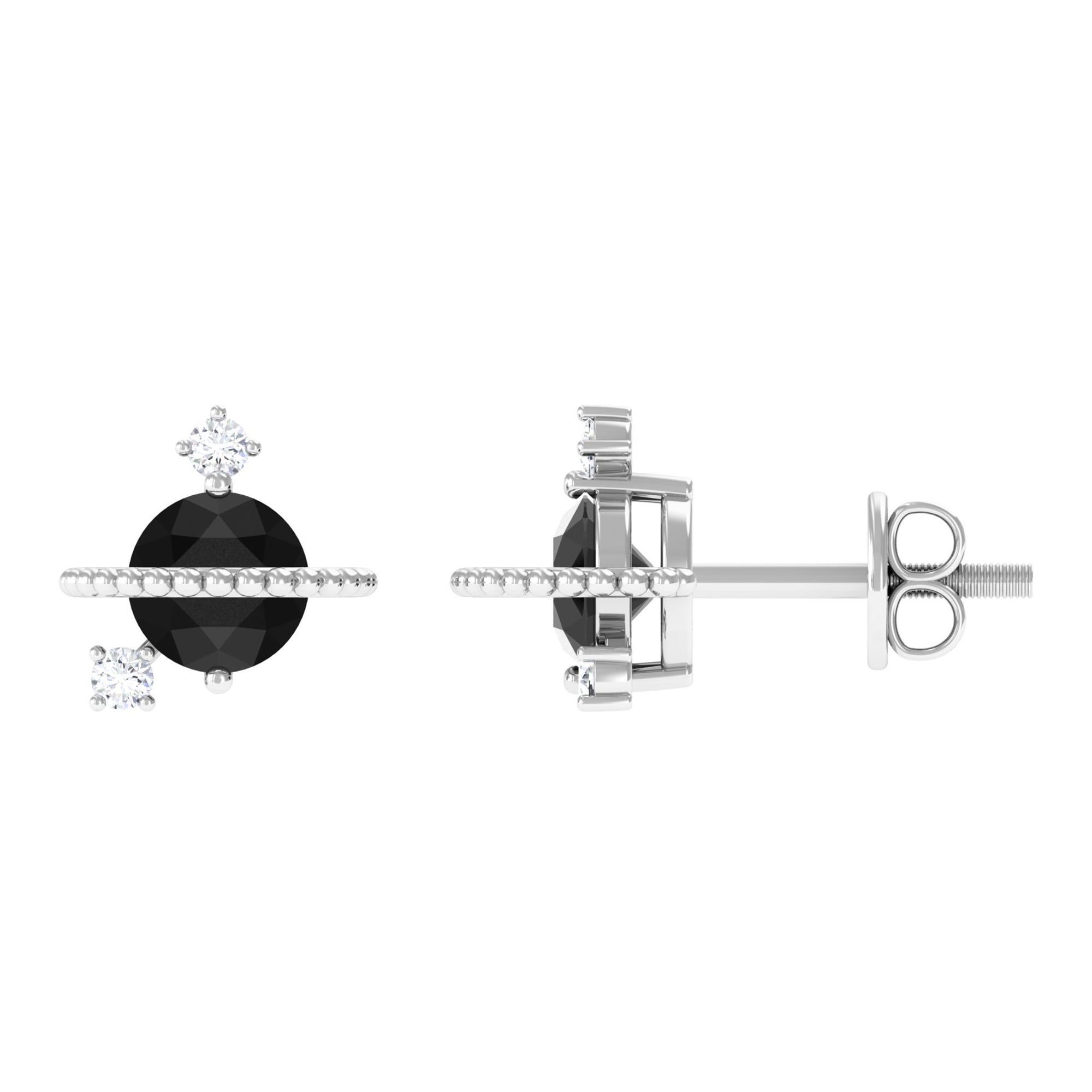 Black Spinel Celestial Stud Earrings with Diamond Stones Black Spinel - ( AAA ) - Quality - Rosec Jewels