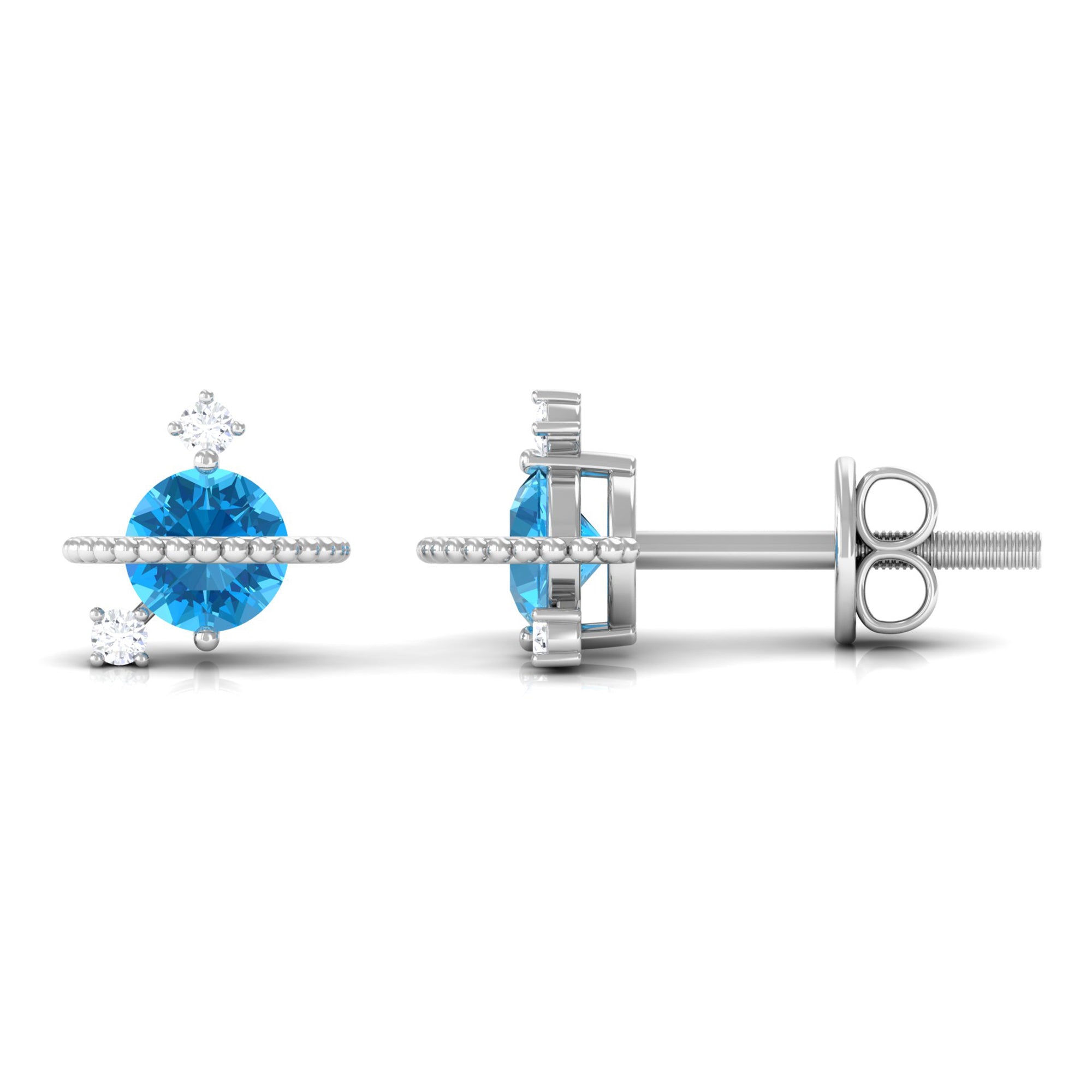 Swiss Blue Topaz Celestial Stud Earrings with Diamond Stones Swiss Blue Topaz - ( AAA ) - Quality - Rosec Jewels