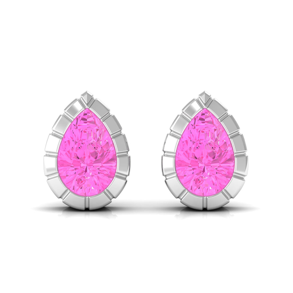 Engraved Bezel Set Pear Cut Pink Sapphire Solitaire Stud Earrings Pink Sapphire - ( AAA ) - Quality - Rosec Jewels