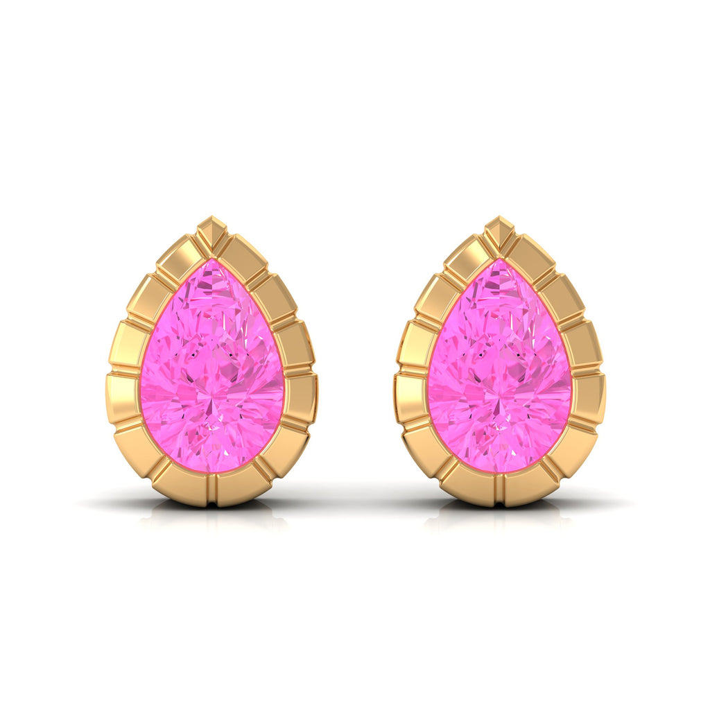 Engraved Bezel Set Pear Cut Pink Sapphire Solitaire Stud Earrings Pink Sapphire - ( AAA ) - Quality - Rosec Jewels