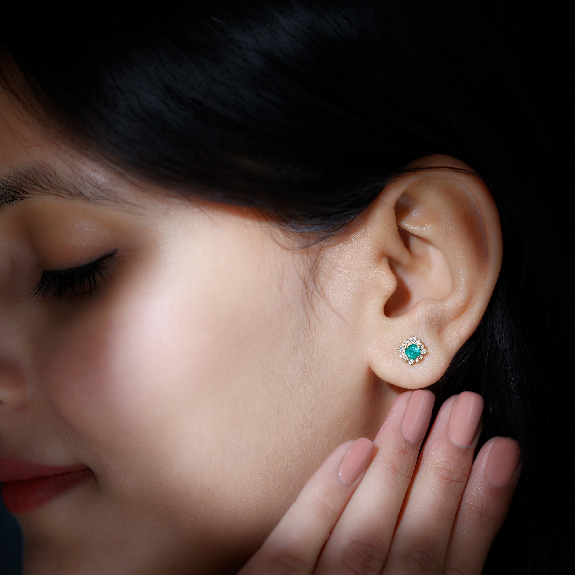 1 CT Emerald Classic Stud Earrings with Diamond Halo Emerald - ( AAA ) - Quality - Rosec Jewels