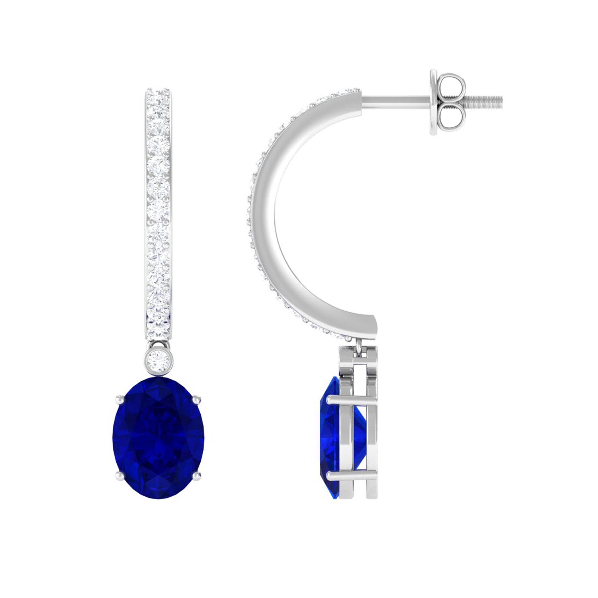 Oval Created Blue Sapphire Silver Hoop Drop Earrings with Moissanite Lab Created Blue Sapphire - ( AAAA ) - Quality 92.5 Sterling Silver - Rosec Jewels