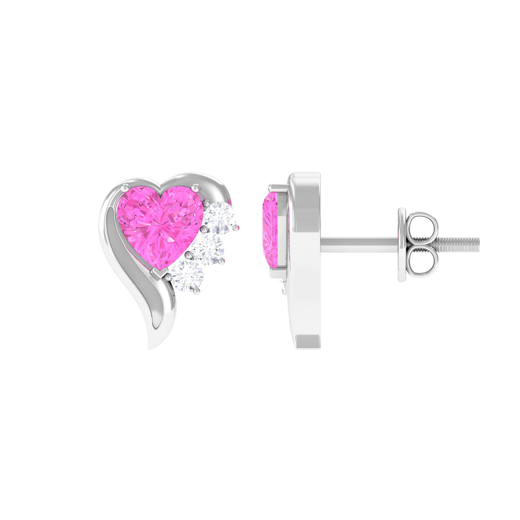 Heart Shape Pink Sapphire and Diamond Minimal Stud Earrings Pink Sapphire - ( AAA ) - Quality - Rosec Jewels
