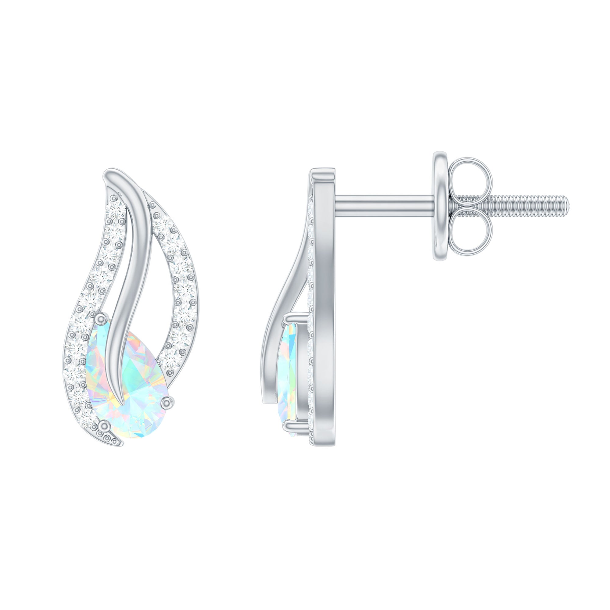 Pear Shape Ethiopian Opal Silver Leaf Stud Earrings with Moissanite Ethiopian Opal - ( AAA ) - Quality 92.5 Sterling Silver - Rosec Jewels