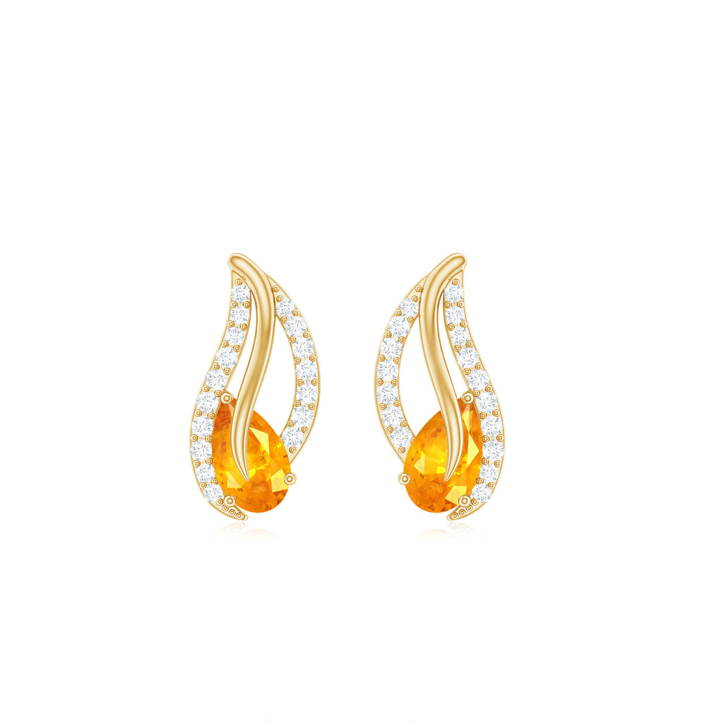 Pear Shape Orange Sapphire and Diamond Leaf Stud Earrings Orange Sapphire - ( AAA ) - Quality - Rosec Jewels