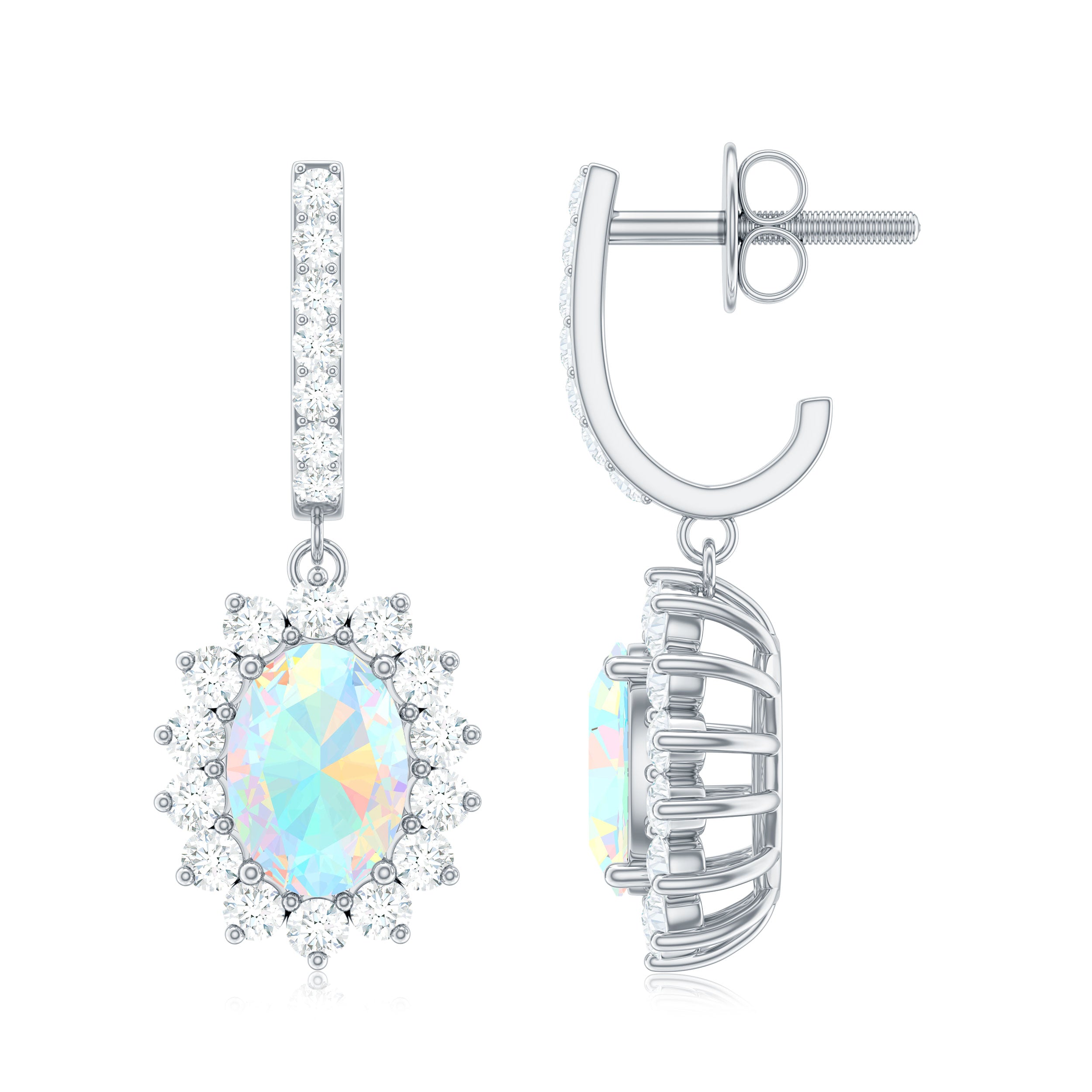 2.75 CT Oval Ethiopian Opal and Moissanite Silver Sunburst J Hoop Drop Earrings - Rosec Jewels