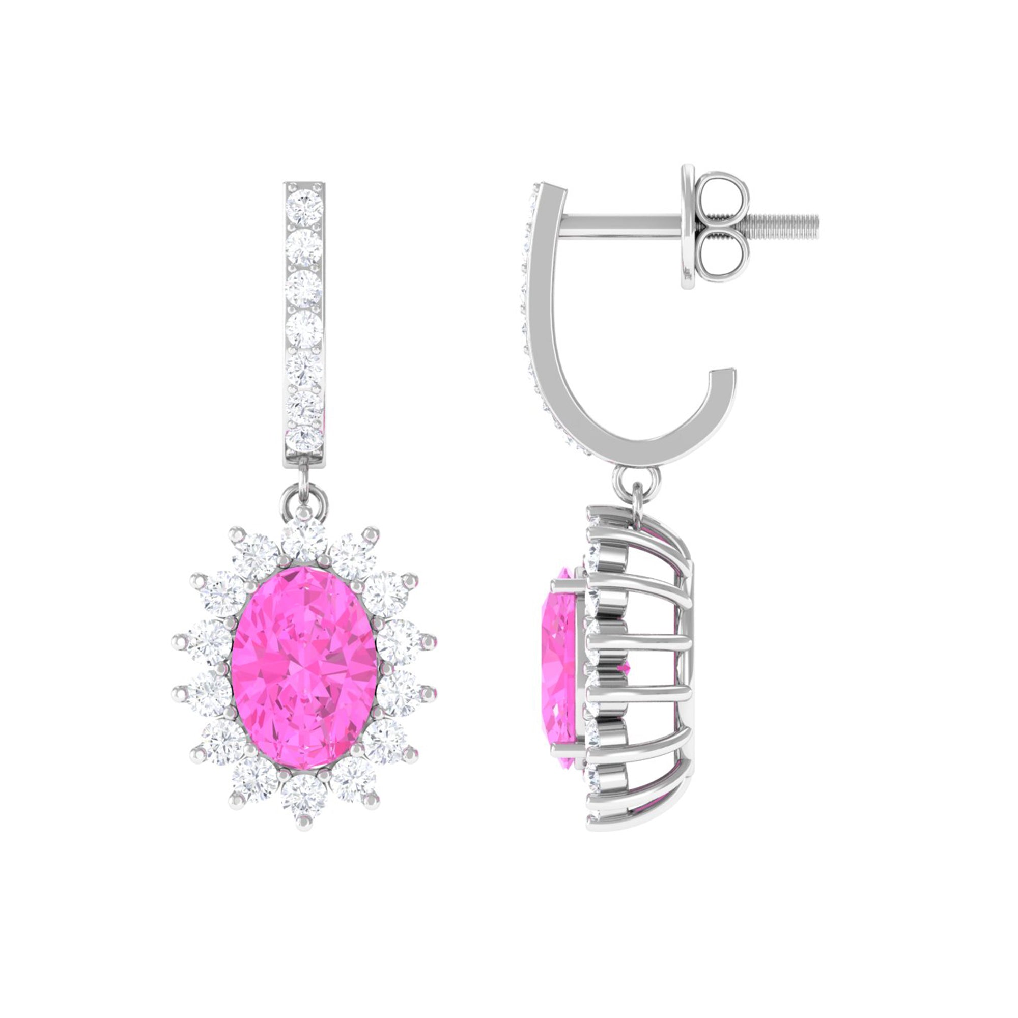 Oval Pink Sapphire and Diamond Sunburst J Hoop Drop Earrings Pink Sapphire - ( AAA ) - Quality - Rosec Jewels