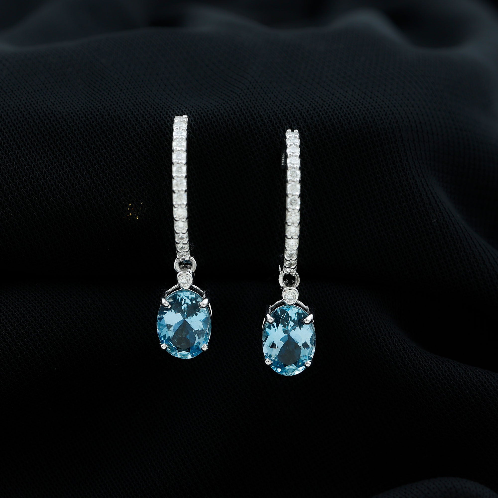 3.25 CT Oval Cut Aquamarine Hoop Drop Earrings with Moissanite Aquamarine - ( AAA ) - Quality - Rosec Jewels
