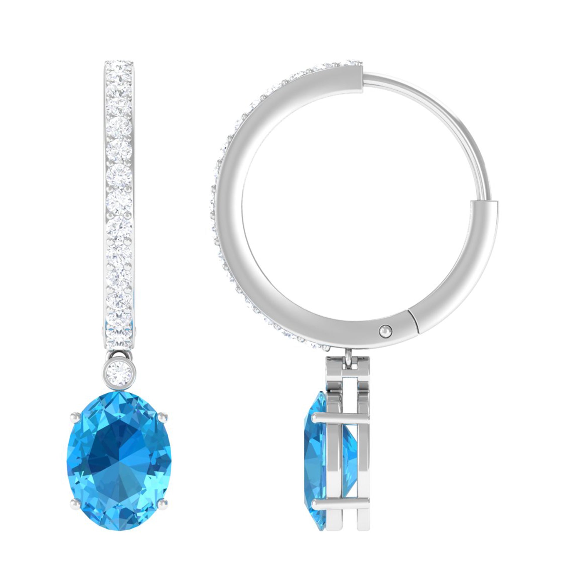 Oval Swiss Blue Topaz and Diamond Hoop Drop Earrings Swiss Blue Topaz - ( AAA ) - Quality - Rosec Jewels