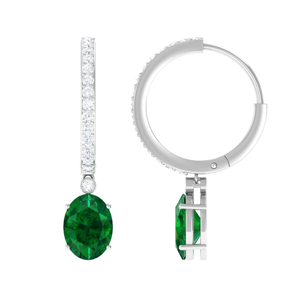 Oval Created Emerald and Diamond Hoop Drop Earrings Lab Created Emerald - ( AAAA ) - Quality - Rosec Jewels
