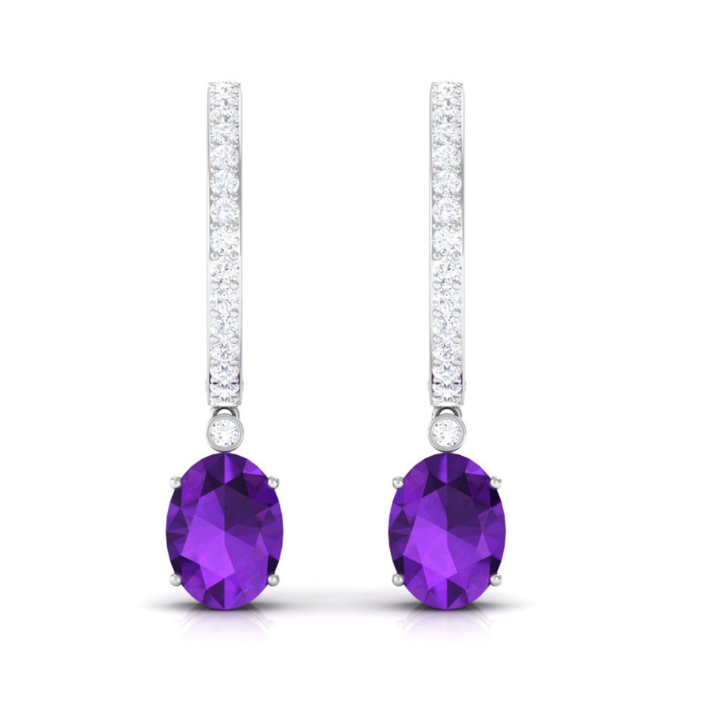 Oval Amethyst Hinged Hoop Drop Earrings with Diamond Amethyst - ( AAA ) - Quality - Rosec Jewels