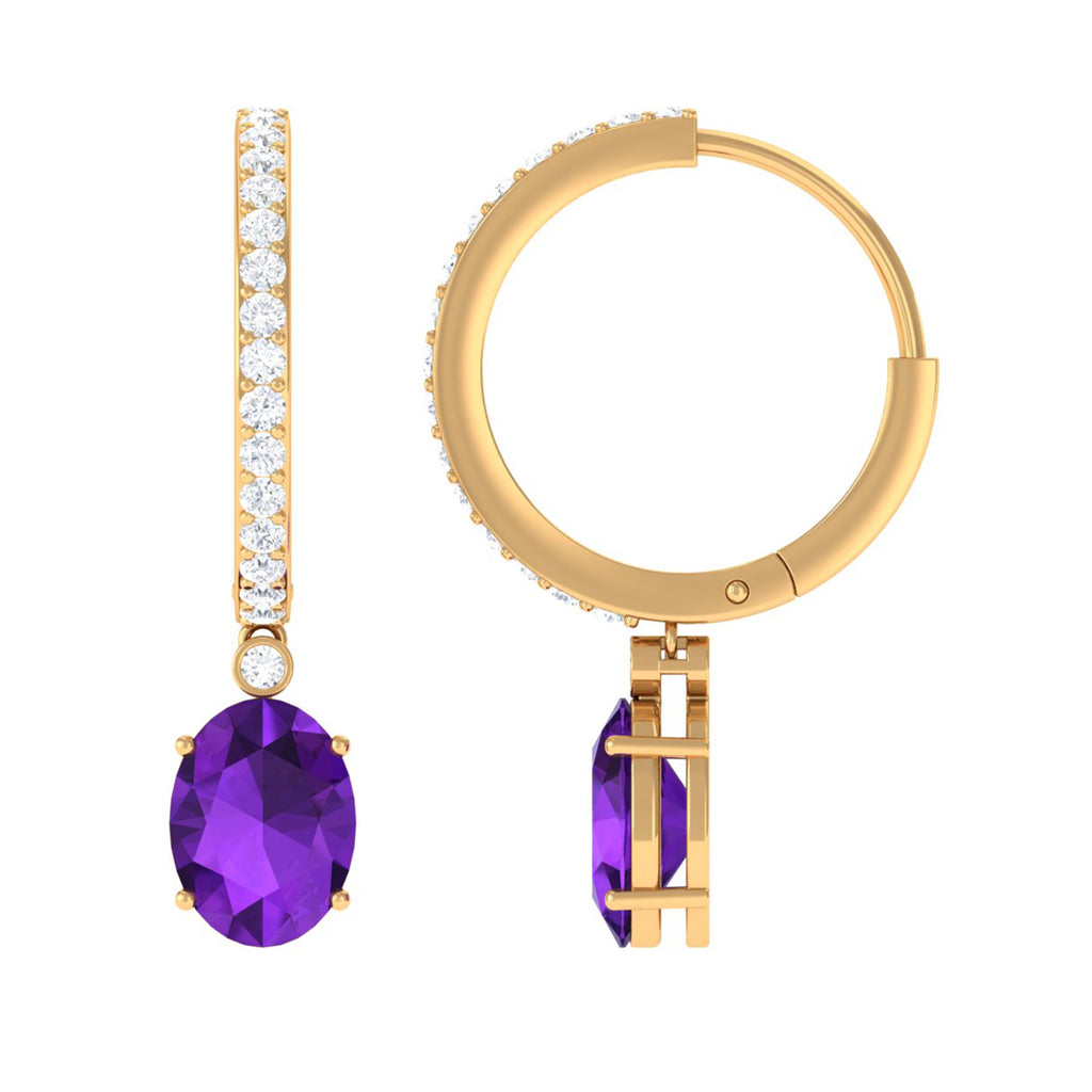 Oval Amethyst Hinged Hoop Drop Earrings with Diamond Amethyst - ( AAA ) - Quality - Rosec Jewels