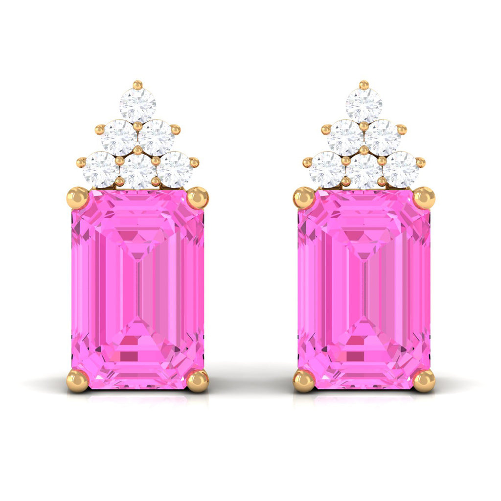 Emerald Cut Pink Sapphire Stud Earrings with Diamond Cluster Pink Sapphire - ( AAA ) - Quality - Rosec Jewels