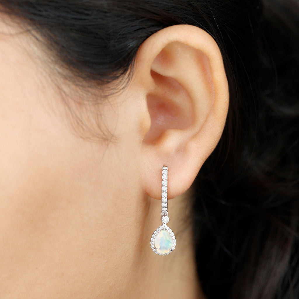 Classic Ethiopian Opal Hoop Drop Earrings with Moissanite Ethiopian Opal - ( AAA ) - Quality - Rosec Jewels