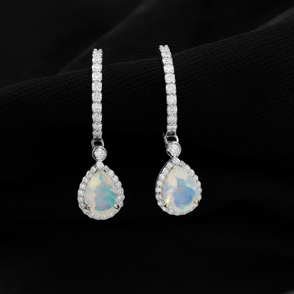 Classic Ethiopian Opal Hoop Drop Earrings with Moissanite Ethiopian Opal - ( AAA ) - Quality - Rosec Jewels