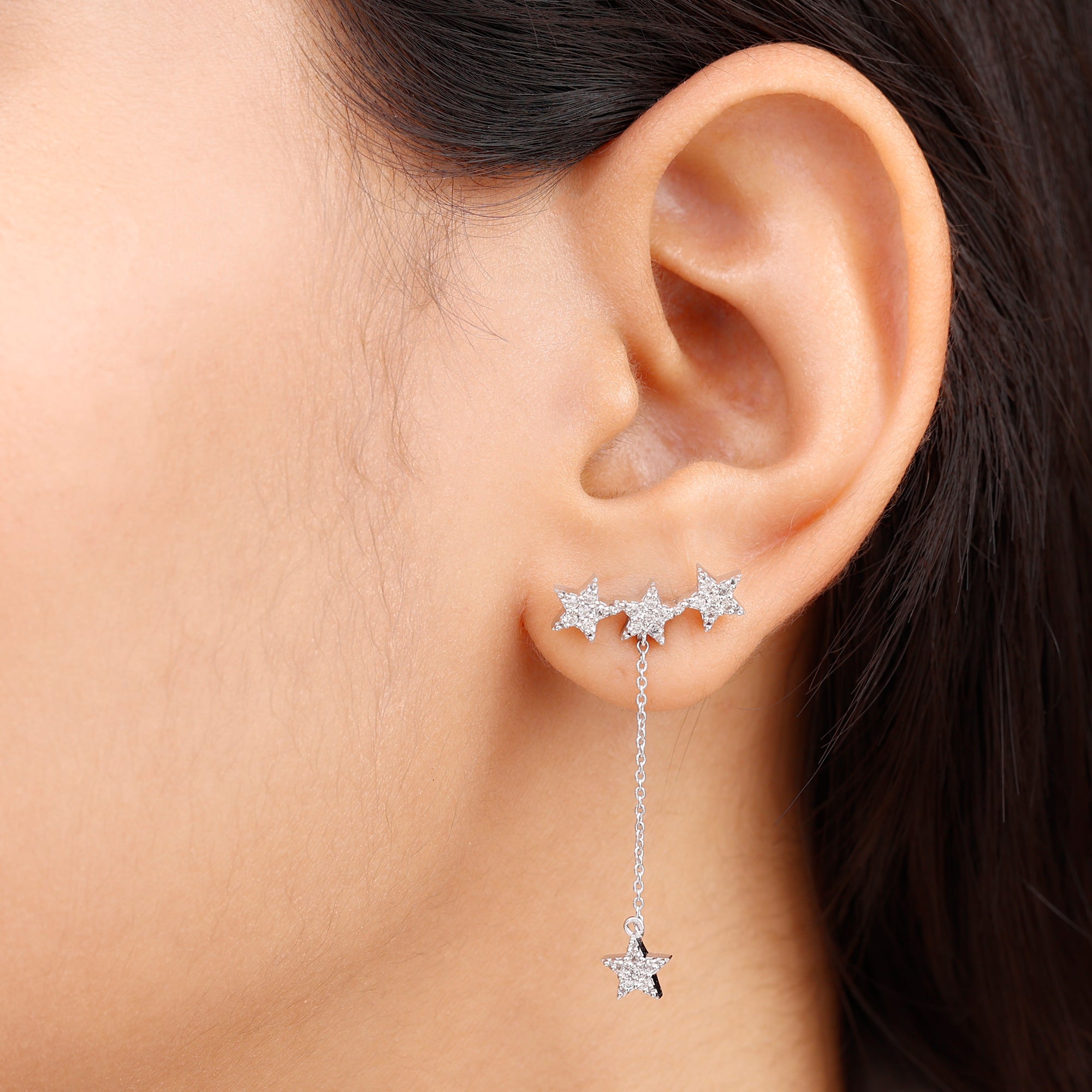 Natural Diamond Star Dangle Earrings Diamond - ( HI-SI ) - Color and Clarity - Rosec Jewels