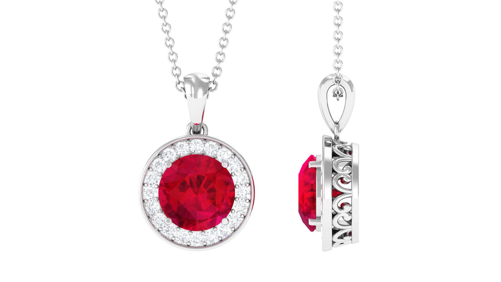 Created Ruby and Zircon Classic Halo Pendant Lab Created Ruby - ( AAAA ) - Quality - Rosec Jewels