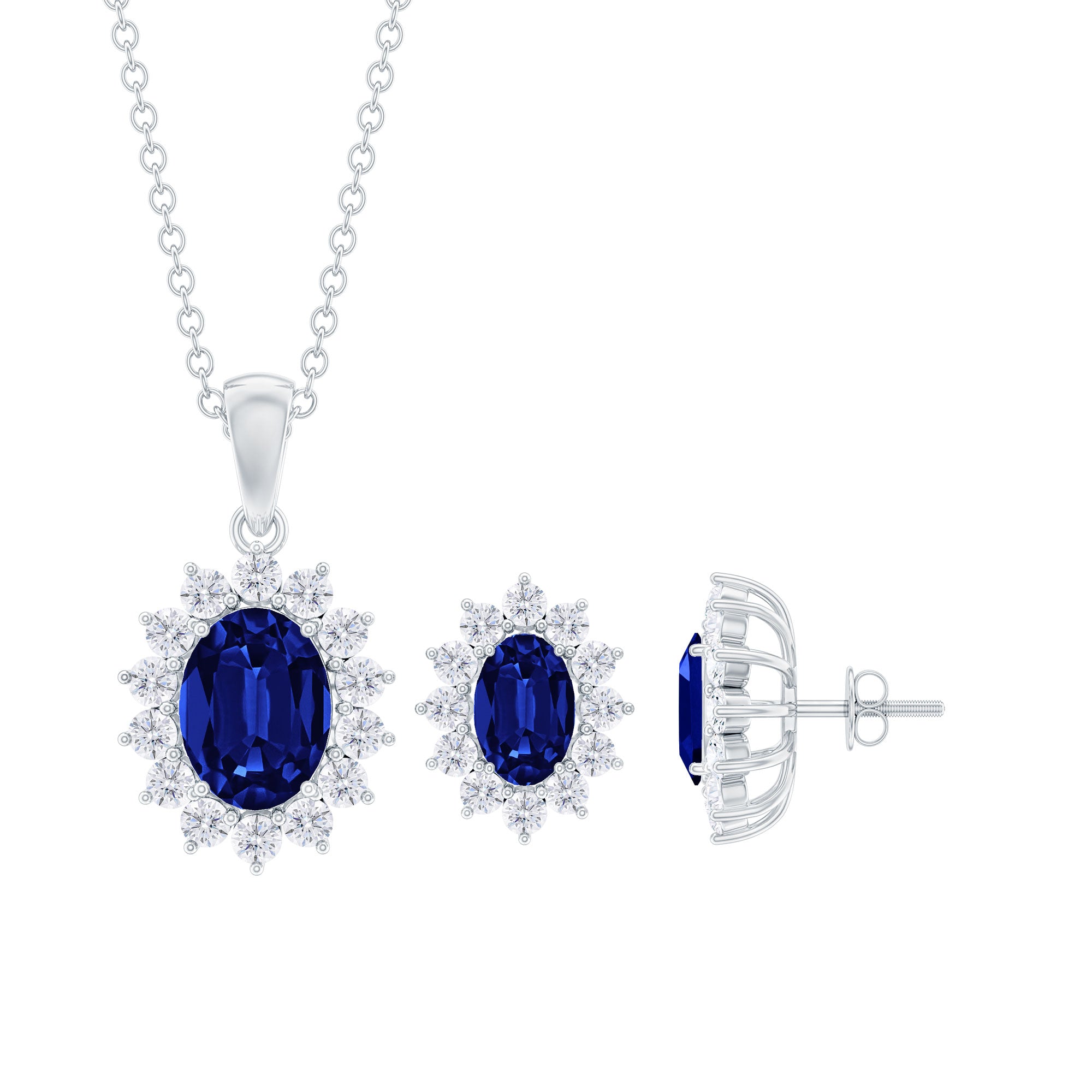 Classic Oval Cut Created Blue Sapphire and Moissanite Halo Silver Jewelry Set - Rosec Jewels