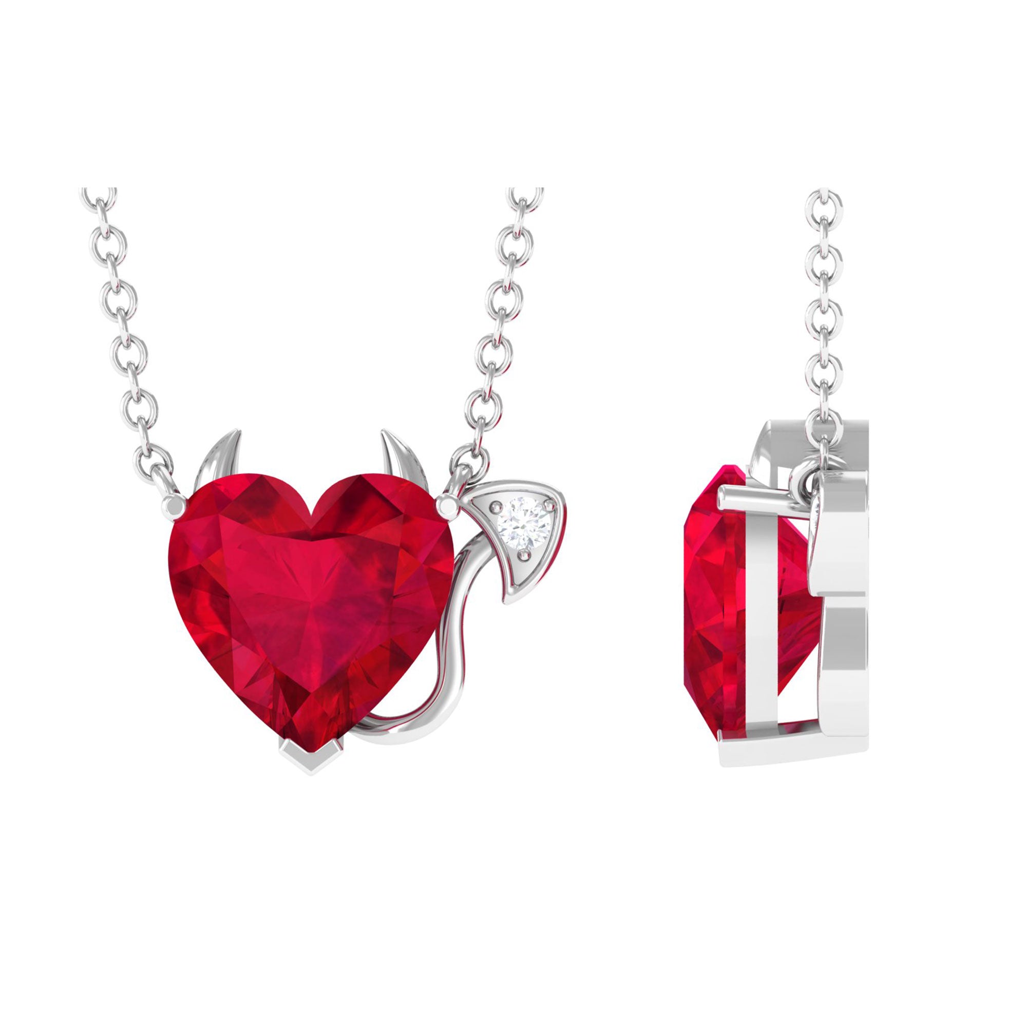 Created Ruby Devil Silver Heart Necklace with Zircon - Rosec Jewels