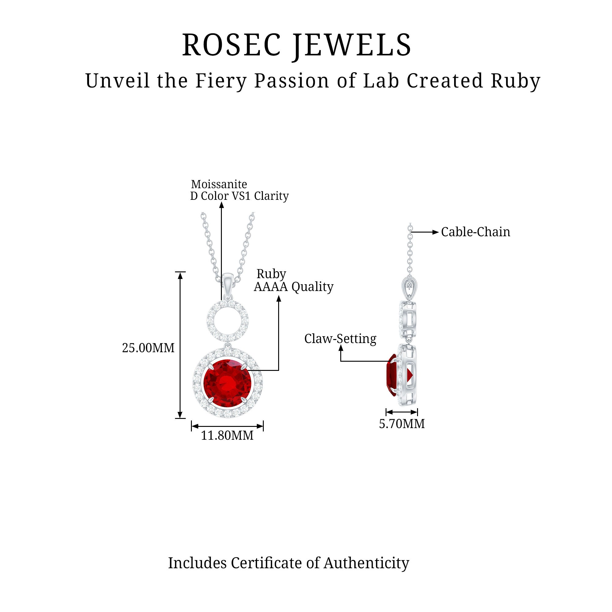 2.75 CT Created Ruby Silver Dangle Pendant Necklace with Moissanite Halo - Rosec Jewels