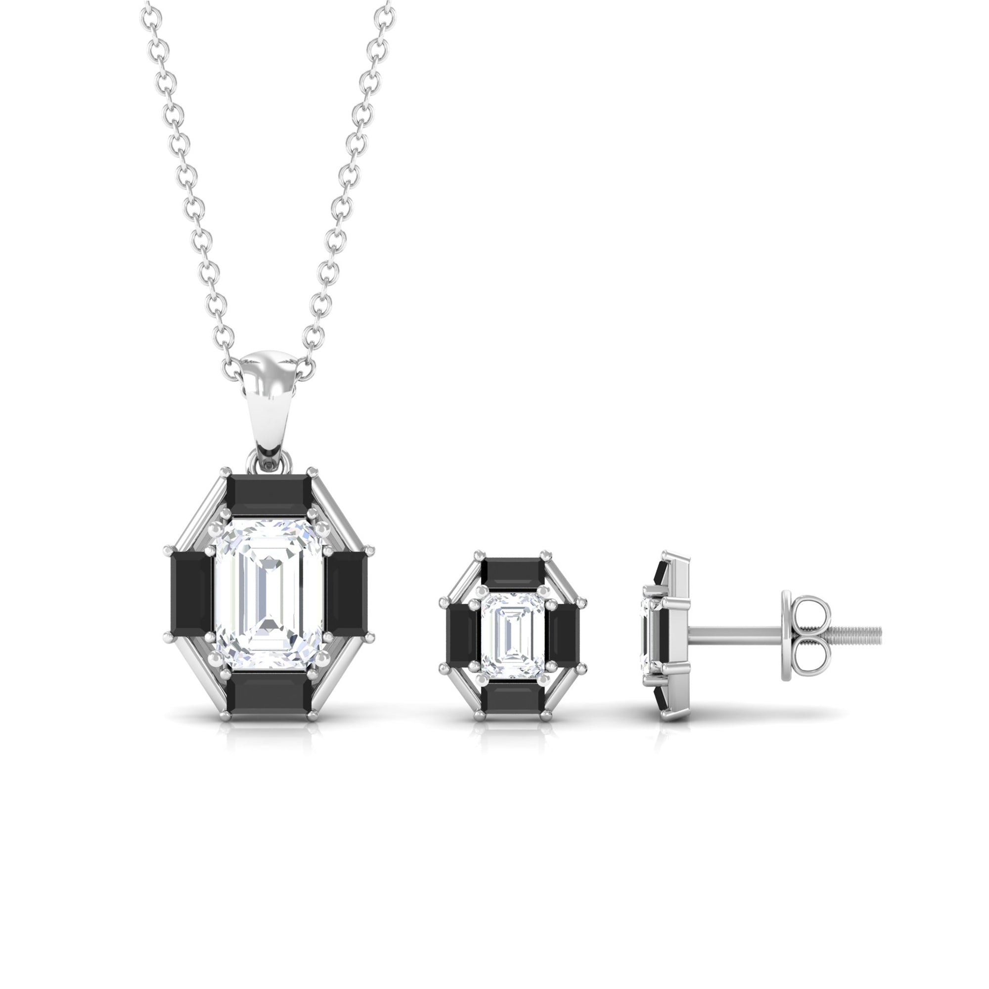 2 CT Art Deco Black Onyx and Moissanite Pendant Earrings Set Black Onyx - ( AAA ) - Quality - Rosec Jewels