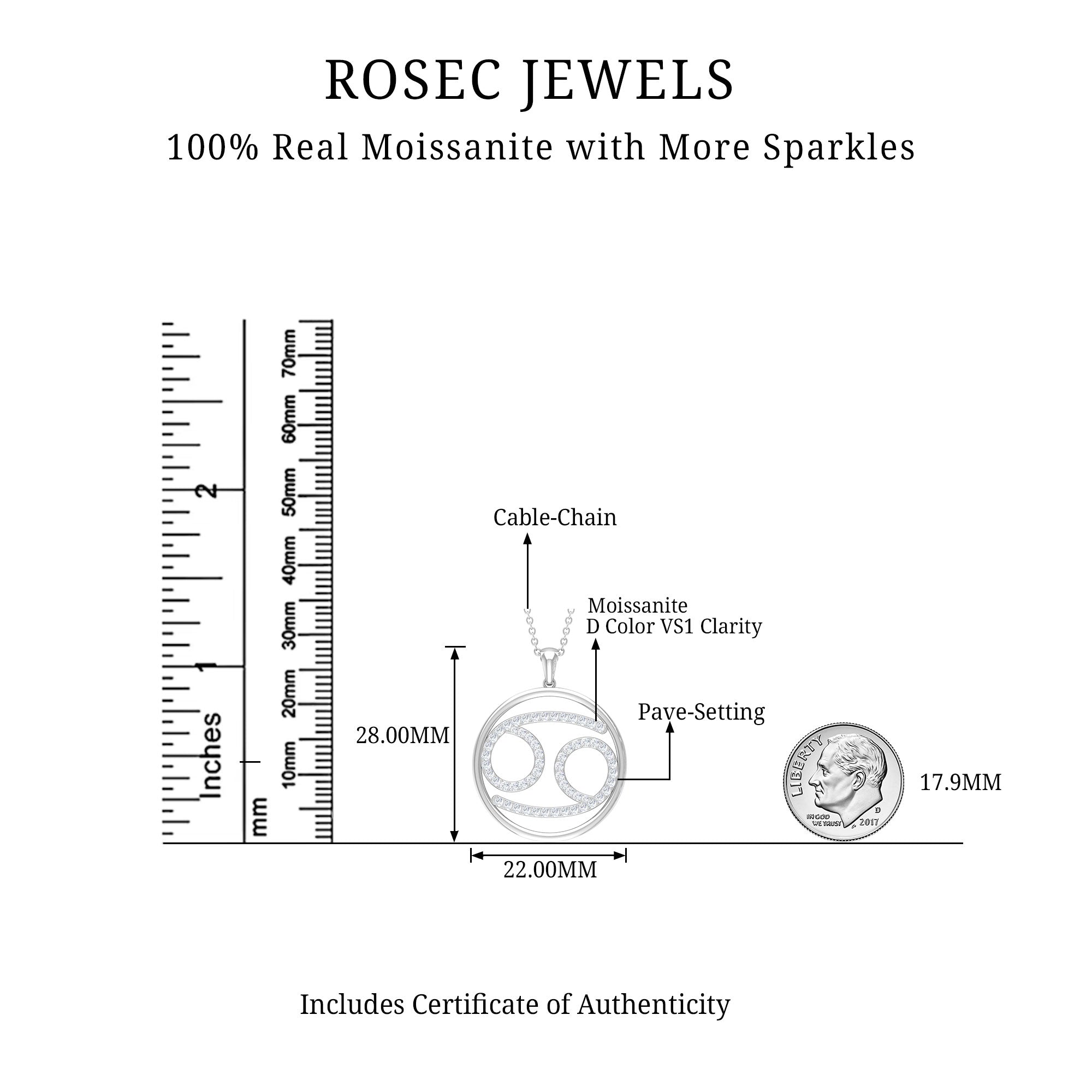 Moissanite Cancer Zodiac Sign Pendant Necklace - Rosec Jewels