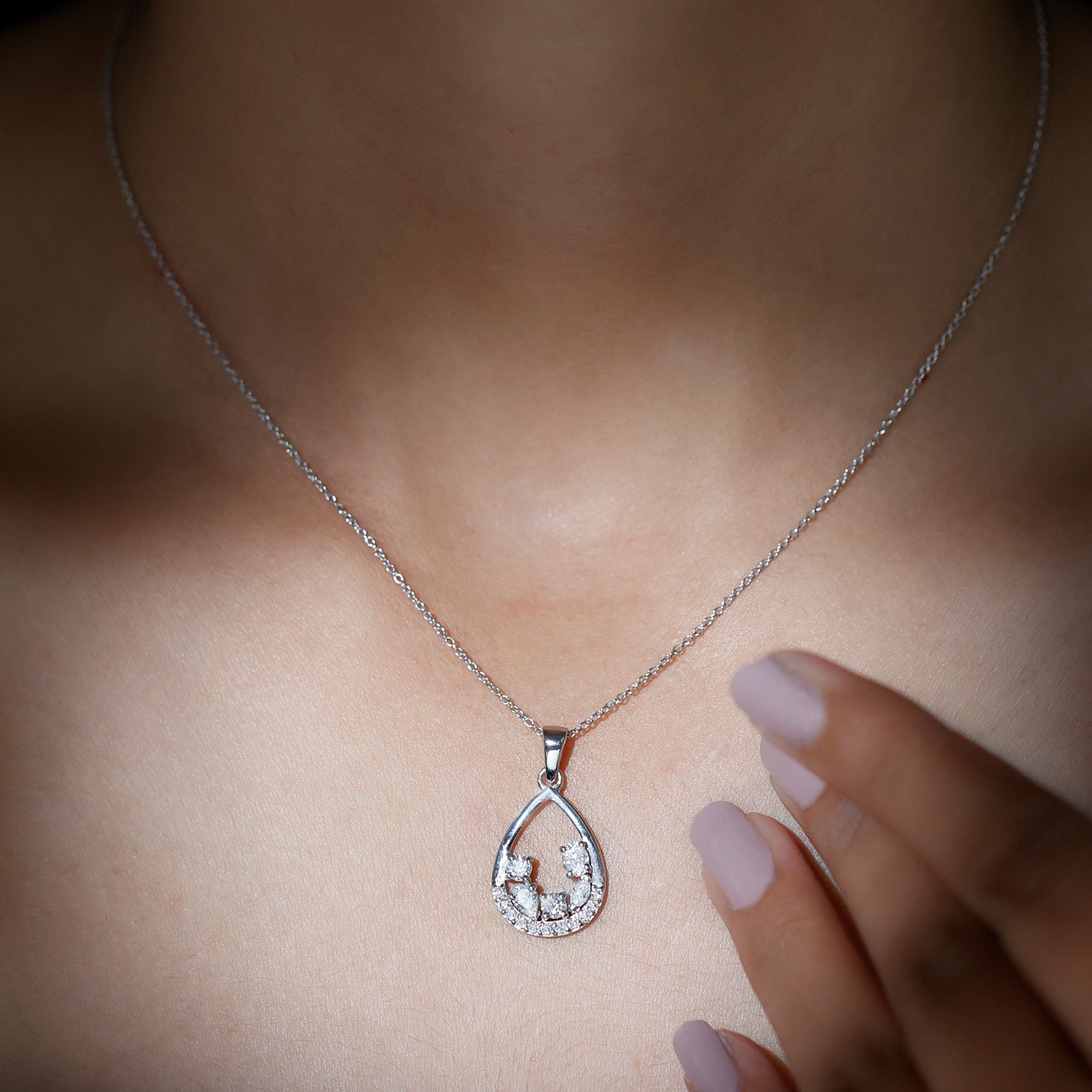 Designer Moissanite Teardrop Pendant Necklace in Silver - Rosec Jewels