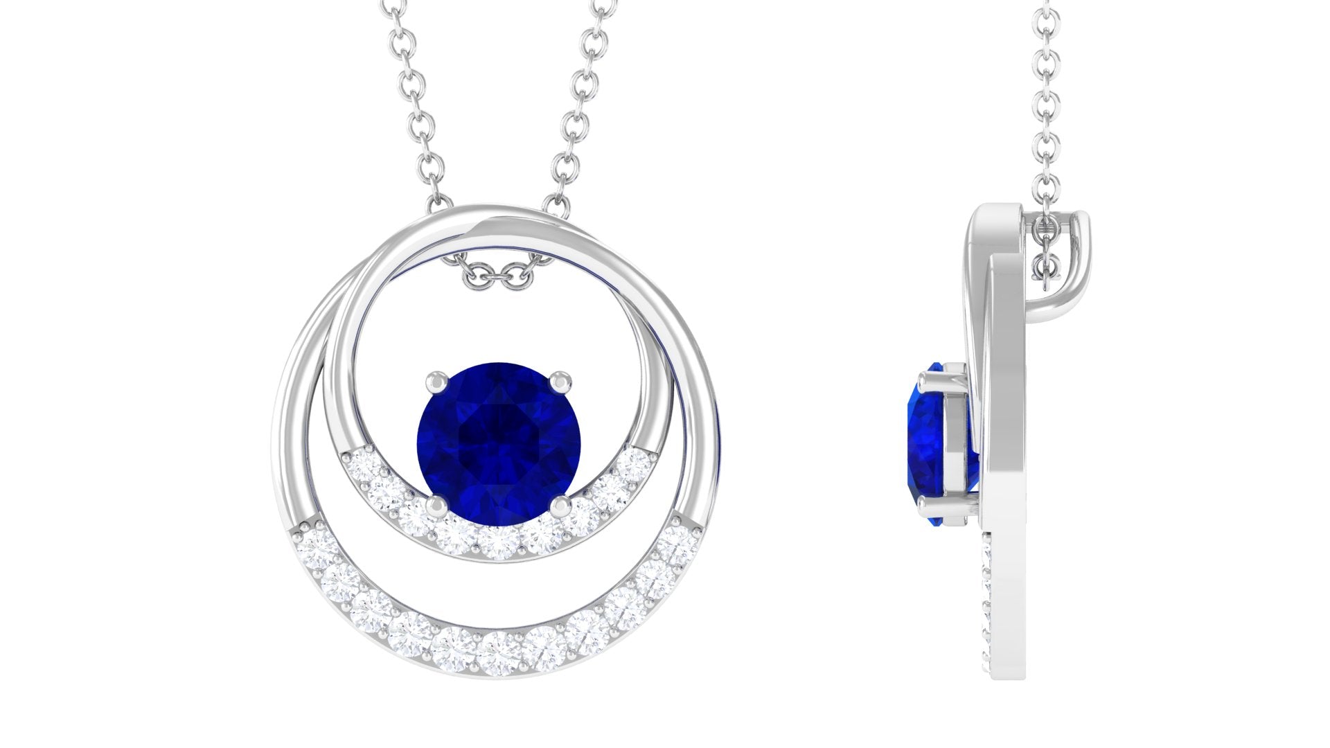 Certified Created Blue Sapphire and Moissanite Open Circle Pendant in Silver - Rosec Jewels