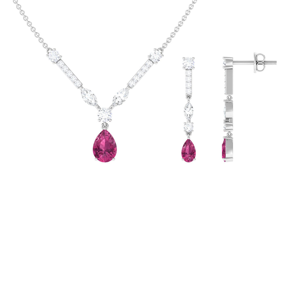 Pink Tourmaline and Moissanite Drop Necklace Earrings Set Pink Tourmaline - ( AAA ) - Quality - Rosec Jewels