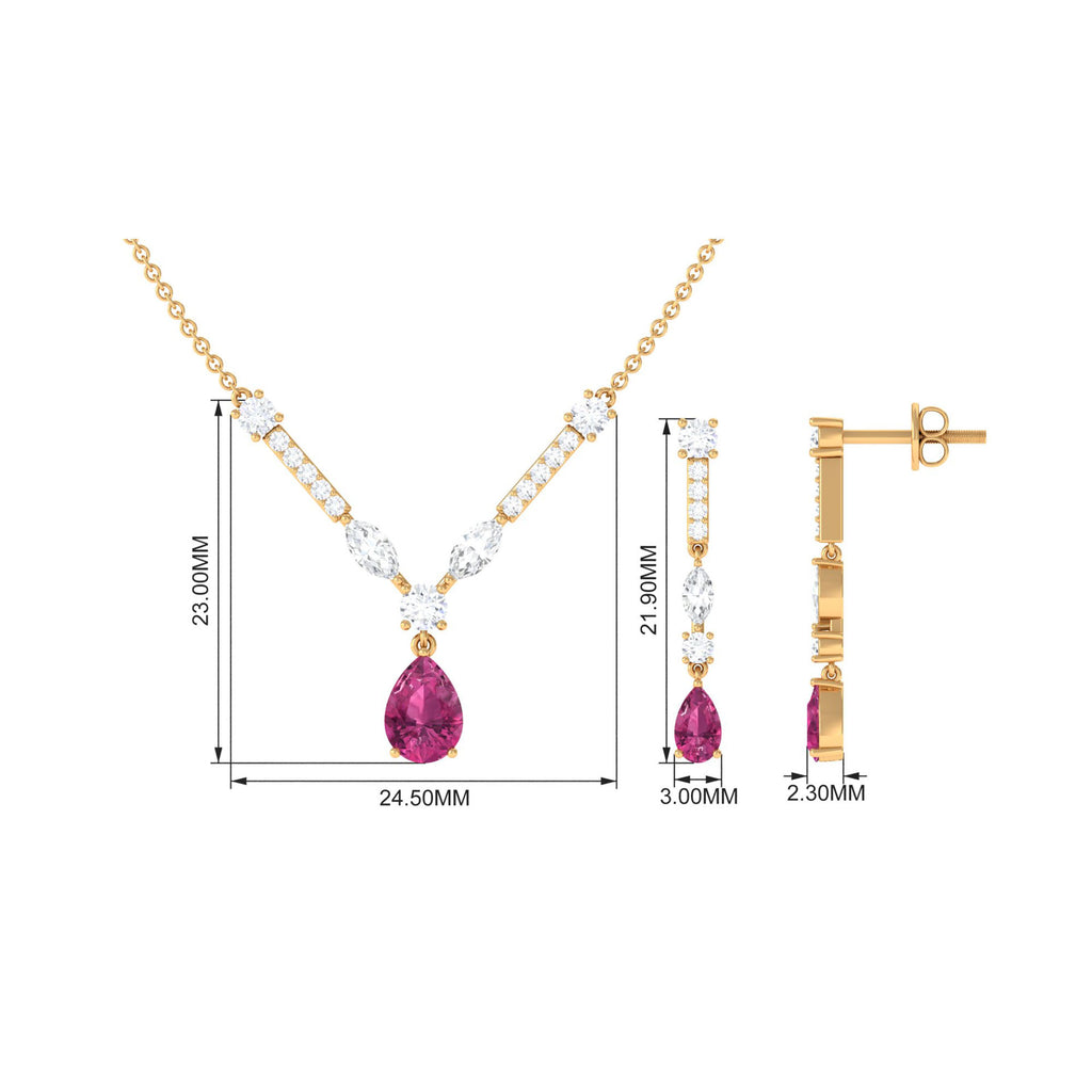 Pink Tourmaline and Moissanite Drop Necklace Earrings Set Pink Tourmaline - ( AAA ) - Quality - Rosec Jewels