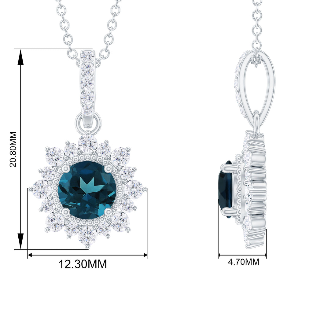 Round London Blue Topaz Halo Pendant with Diamond and Beaded Details London Blue Topaz - ( AAA ) - Quality - Rosec Jewels
