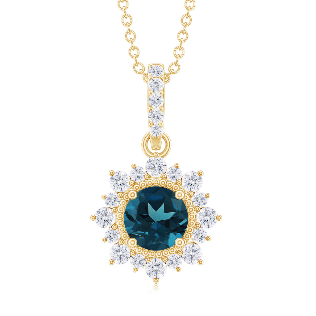 Round London Blue Topaz Halo Pendant with Diamond and Beaded Details London Blue Topaz - ( AAA ) - Quality - Rosec Jewels