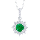 Round Emerald Halo Pendant with Diamond Accent Bail Emerald - ( AAA ) - Quality - Rosec Jewels