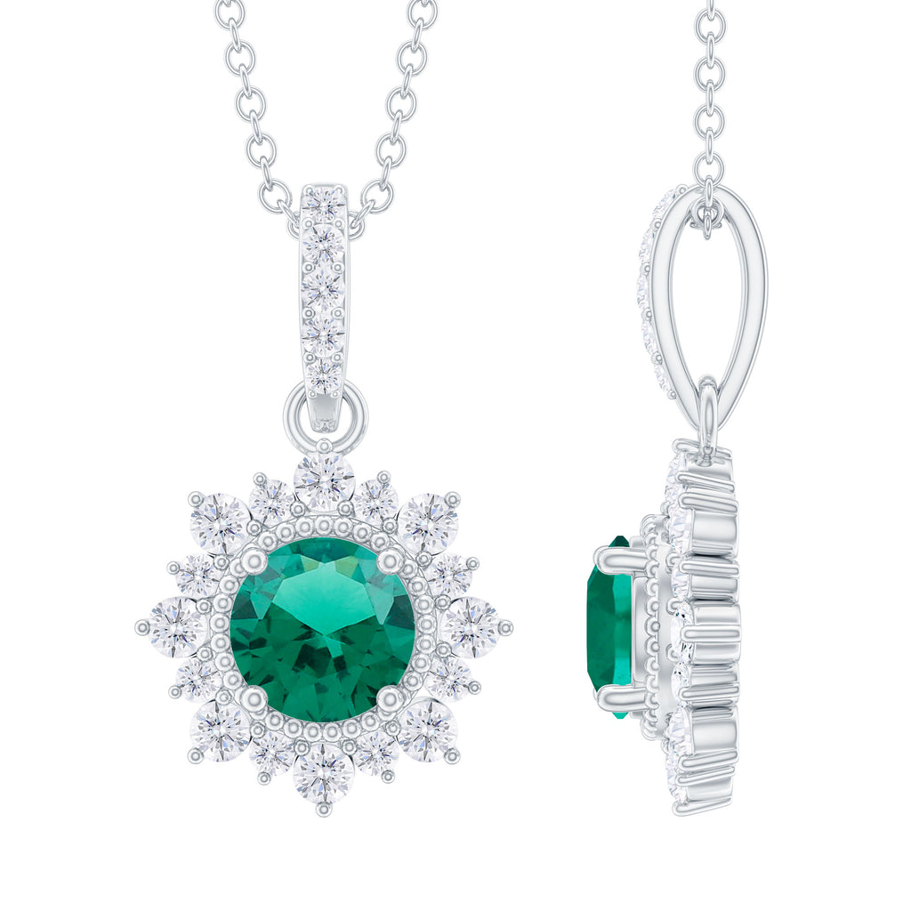 Round Created Emerald Halo Pendant with Diamond Accent Bail Lab Created Emerald - ( AAAA ) - Quality - Rosec Jewels