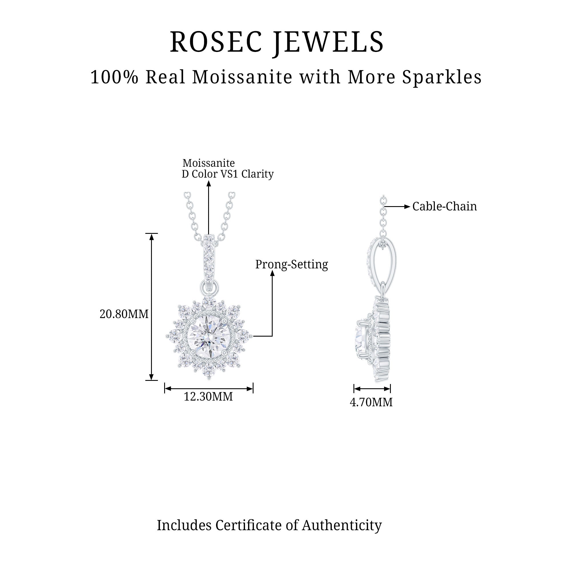 Round Moissanite Silver Halo Pendant with Beaded Detailing - Rosec Jewels
