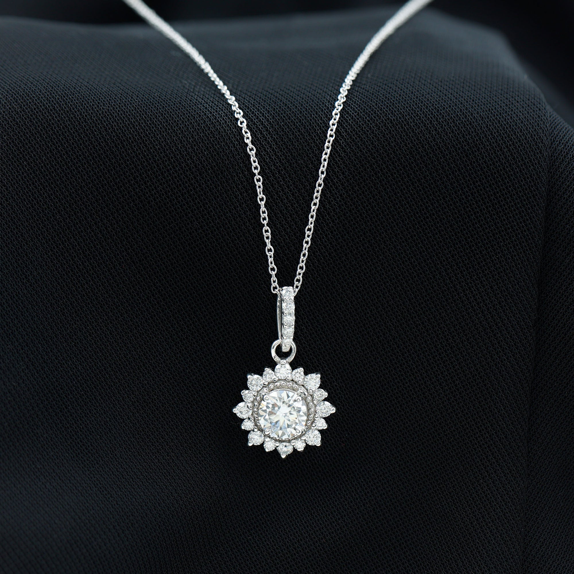 Round Moissanite Silver Halo Pendant with Beaded Detailing - Rosec Jewels