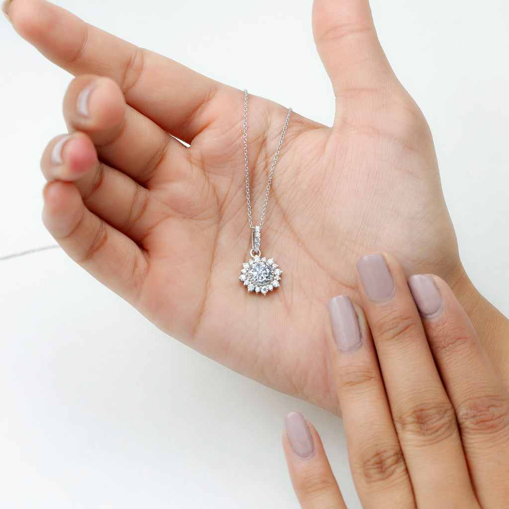 Round Moissanite Halo Pendant with Beaded Detailing Moissanite - ( D-VS1 ) - Color and Clarity - Rosec Jewels