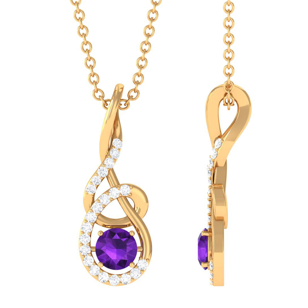Designer Round Amethyst and Diamond Twisted Drop Pendant Amethyst - ( AAA ) - Quality - Rosec Jewels
